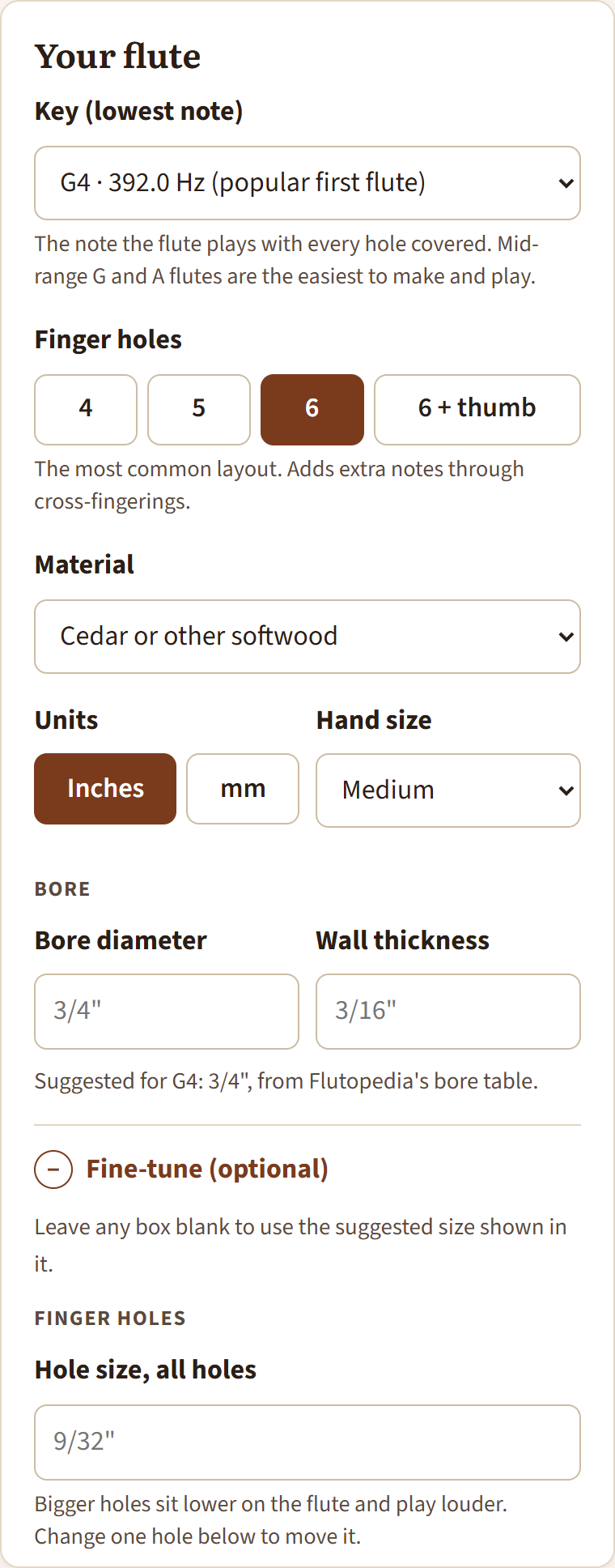 The Fine-tune section open, showing hole sizes, direction holes, sound hole and flue, and splitting edge settings